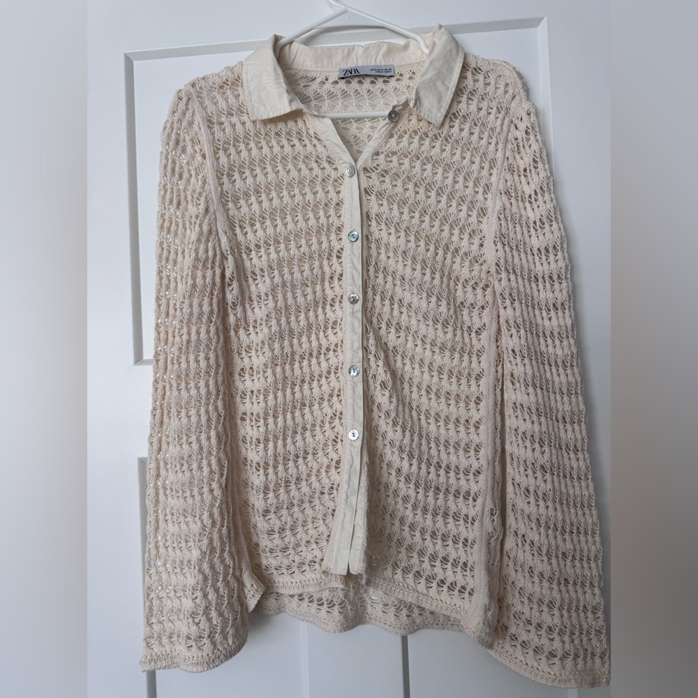 Zara Cream Open-Knit Button Cardigan
